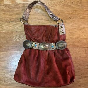Vtg Kathy Van Zeeland Faux Suede Studded Boho Hippie Western Coastal Cowgirl Bag